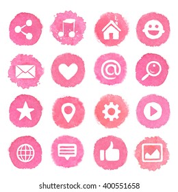 Watercolor icons on pink blots. Social media icons set