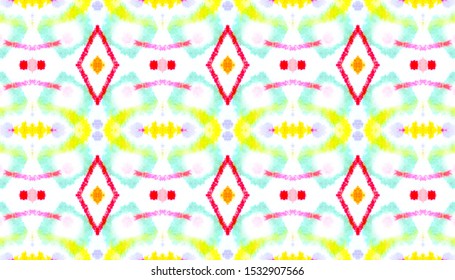 Watercolor Ikat Art. Ethnic Bohemian Ornamental Native Background. Drawn By Hand Aquarelle Batik Tile Design. Geometric Texture. Ikat Art Seamless Patterm.