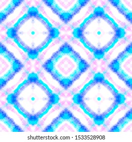 Watercolor Ikat Art. Geometric Ornament. Ethnic Bohemian Ornamental Native Wallpaper. Ink Painted Shibori Tile Design. Ikat Art Seamless Patterm.