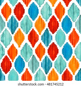 Watercolor Ikat Seamless Pattern. Vibrant Ethnic Rhombus Pattern In Watercolour Style.