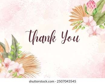 Watercolor illuatration invitation template beautiful tropical orchid  flowers bouquet palm leaves, rose, foliage, houseplants for decor wall art, rsvp thank you card - Powered by Shutterstock