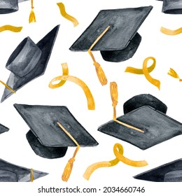 Watercolor Illustration Of Academic Student Graduation Celebration Uniform Caps. University Hat In Black Ink Pattern With Gold Ribbons.