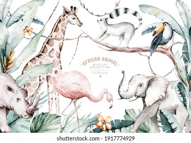 Watercolor illustration of African Animals: lemur, flamingo and giraffe, toucan and rhipo, rhino and elephant isolated white background. Safari savannah animals.