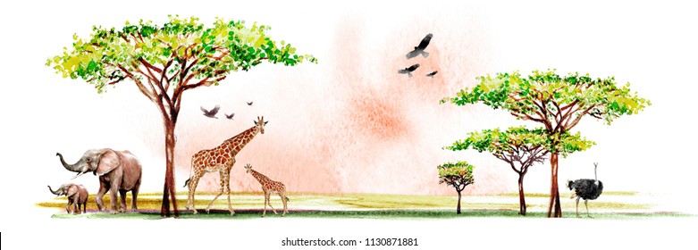 watercolor illustration of African wildlife, drawings of giraffes, elephants, eagles, birds and southern trees in the savannah