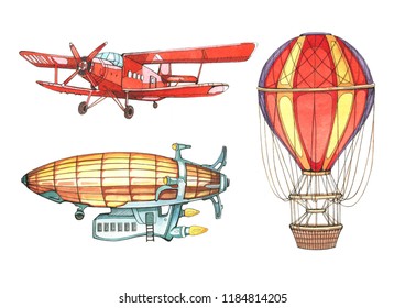 Watercolor Illustration, Airplane, Balloon, Airship