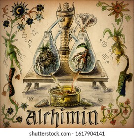 Watercolor illustration of the alchemical laboratory. Making the philosopher's stone. The inscription: "Alchemy" and the inscription on the bowl "philosopher's stone". Stylized as a medieval drawing. 