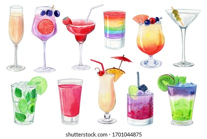 watercolor illustration with alcohol cocktails isolated on white background for menu design. Color  fruit drink in glass. Mojito, daiquiri, margarita, champagne, bloody mary, shots, sex on beach