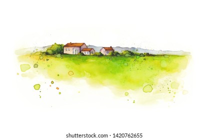 Watercolor Illustration. Alpine Landscape. Rural Farm - Provencal Houses And Field