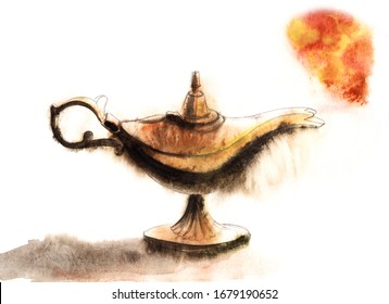 Watercolor Illustration Of Antique Mysterious Oil Lamp With Fiery Red Smoke Cloud Isolated On White Background. Hand Drawn Sketch Of Aladdin's Lamp. Blurred Image Of Rubbed Copper Color On Wet Paper