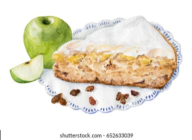 Watercolor Illustration Of Apple Pie With Apples And Raisins With Cream