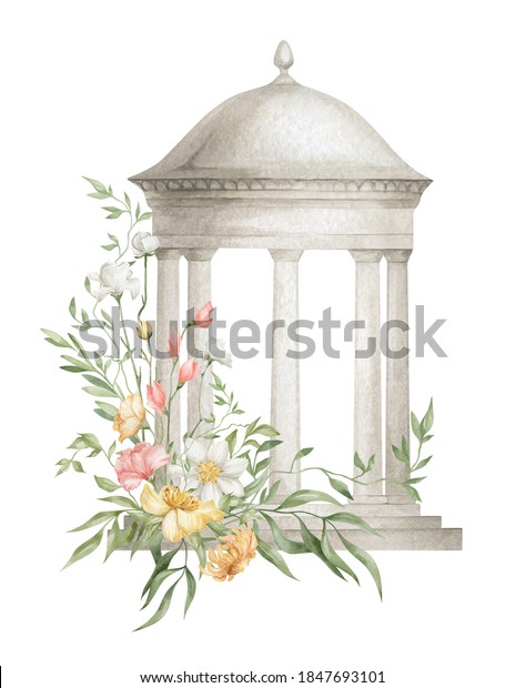 Watercolor illustration with architectural\
element and flowers. Rotunda, pavilion, column, round roof, alcove\
in the garden, park with flowers. Summer bouquet, garden house,\
floral\
arrangements.