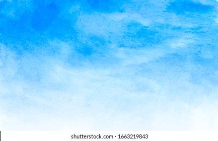 Watercolor Illustration Art Abstract Blue Color Texture Background, Clouds And Sky Pattern. Watercolor Stain With Hand Paint, Cloudy Pattern On Watercolor Paper For Wallpaper Banner And Any Design
