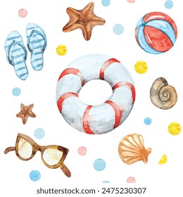 Watercolor illustration, art for vacation, holidays, picnic, travel, adventure, beach holiday, sea, ocean, holiday on the islands, swimming pool - Powered by Shutterstock