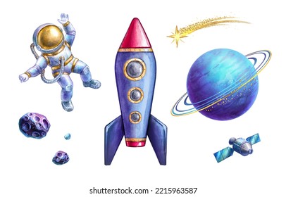 Watercolor Illustration. Astronaut Spaceman Rocket Planet Comet Satellite. Set Of Space Elements Clip Art Isolated On White Background