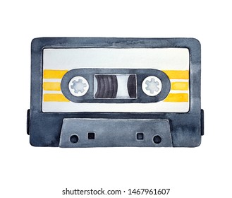 Watercolor illustration of audio cassette tape with bright orange stripes. One single object, top view. Hand drawn watercolour graphic drawing on white background, cutout clip art element for design.