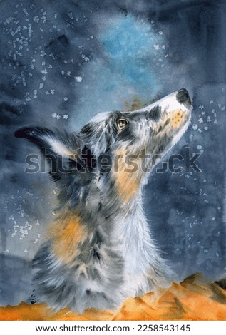 Watercolor illustration of an Australian Cattle White and Black Spotted Dog in autumn leaves on a blue background