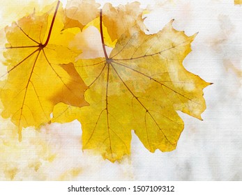 Watercolor Illustration Of Autumn Leaves On The Sun And Blurred Background. Fall Background.