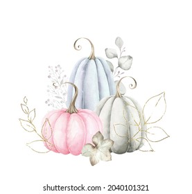 Watercolor illustration of autumn pumpkins. Pastel pumpkins and eucalyptus arrangement isolated on white background.Perfect graphic for Thanksgiving day, Halloween, greeting cards, posters, and more. - Powered by Shutterstock