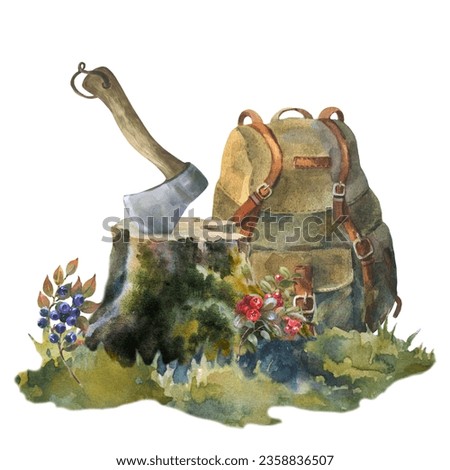 Watercolor illustration, ax in the stump and backpack. Watercolor hand drawn illustration of a wooden stump in the grass and forest berries with an axe. For design of the tourism and hiking.