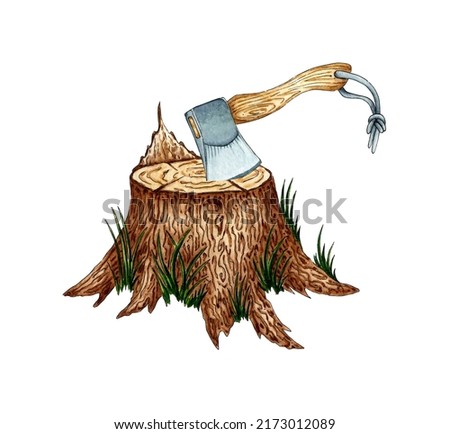 Watercolor illustration of an ax in a stump, chopping firewood, camping. For the design of design compositions on the theme of tourism, hiking, outdoor recreation. isolated on white background. Drawn 