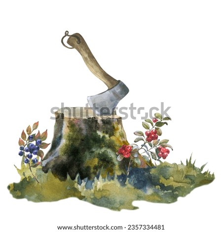 Watercolor illustration, ax in the stump. Watercolor hand drawn illustration of a wooden stump in the grass and forest berries with an axe. For design of the tourism and hiking