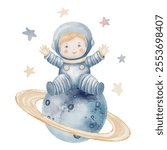 Watercolor illustration of a baby Astronaut sitting on a ringed Planet surrounded by stars. Drawing of cute Spaceman for nursery decor, children