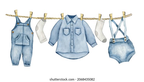 Watercolor illustration of baby boy washed clothes.