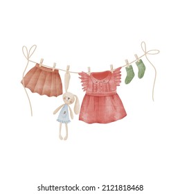 Watercolor Illustration Of Baby Clothes On The Clothesline. Hand Painted Clipart Of Baby Dress, Toy, Girl Skirt And Socks. Clipart For Greeting Card, Baby Shower Invitation, Social Media Post, Print