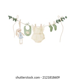 Watercolor Illustration Of Baby Clothes On The Clothesline With Green Leaves. Hand Painted Baby Romper, Toy, Bib And Socks. Clipart For Greeting Card, Baby Shower Invitation, Social Media Post