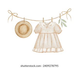 Watercolor illustration of baby clothing on the clothesline. Hand painted dress on white background. Clipart for greeting card, baby shower invitation, social media post - Powered by Shutterstock