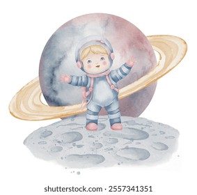 Watercolor illustration of a baby cosmonaut standing on a moon on background of pastel planet. Drawing of astronaut for nursery art, birthday cards, baby shower invitations, or children design. - Powered by Shutterstock