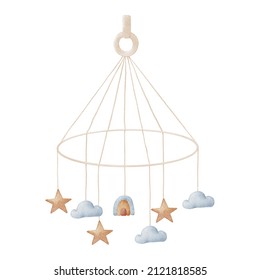 Watercolor Illustration Of Baby Mobile With Pendants For Nursery