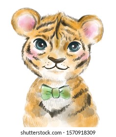 Watercolor illustration of baby tiger.