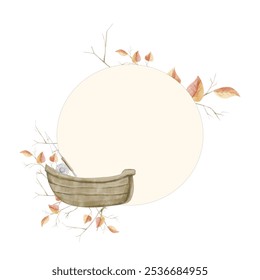 Watercolor Illustration Backdrop Round Beige with Boat, Fishing Rod, Oak Branches with Autumn Leaves. Image for Use in Packaging, Print, Web - Powered by Shutterstock