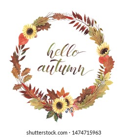 Watercolor illustration. Background with wreath, beautiful autumn branch leaves and berries. Hand written lettering Hello autumn. Elements for design greeting card, wedding invitation, banner - Powered by Shutterstock