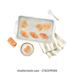 Watercolor Illustration - Baking Sheet With Fresh Baked Pastry, Croissant, Plate, Tea Towel And A Spoon. Perfect For Invitation Cards, Blog And Logo Design, Digital Scrapbooking.