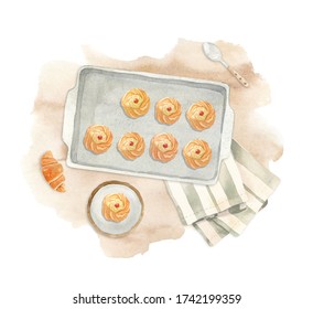 Watercolor Illustration - Baking Sheet With Fresh Baked Pastry, Croissant, Plate, Tea Towel And A Spoon. Perfect For Invitation Cards, Blog And Logo Design, Digital Scrapbooking.