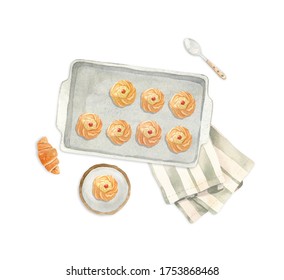 Watercolor Illustration - Baking Sheet With Fresh Baked Pastry, Croissant, Plate, Tea Towel And A Spoon. Perfect For Invitation Cards, Blog And Logo Design, Digital Scrapbooking.