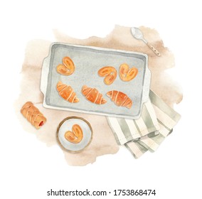 Watercolor Illustration - Baking Sheet With Fresh Baked Pastry, Croissant, Plate, Tea Towel And A Spoon. Perfect For Invitation Cards, Blog And Logo Design, Digital Scrapbooking.