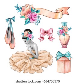 watercolor illustration, ballerina, beautiful lady portrait, flowers, gift box, wedding invitation, design elements set, fashion accessories isolated on white background