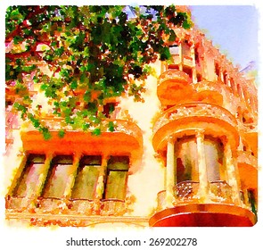 Watercolor Illustration Barcelona Casa Lleo Morera