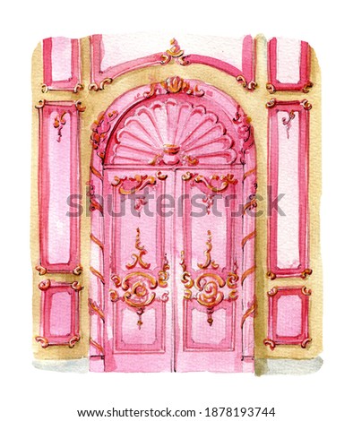 Watercolor illustration. Baroque classic stile pink color door. Bright illustration for greeting cards
