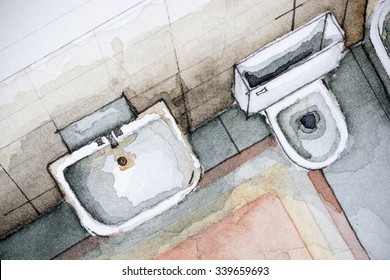 Watercolor illustration of bathroom design sink and toilet shown in artistic design way - Powered by Shutterstock