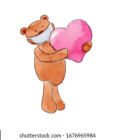 Watercolor Illustration Of A Bear With 
A Pink Heart In A Medical Mask