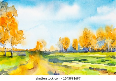 Watercolor Illustration Of A Beautiful Bright Fall Forest Landscape