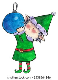 Watercolor Illustration Beautiful Christmas Cute Elf With Blue Ball Toy In Green Suit On White Background