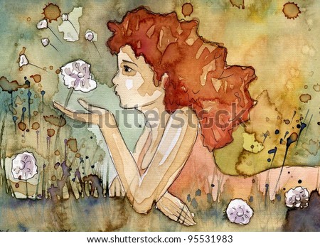 watercolor illustration of a beautiful, delicate and sensitive girl