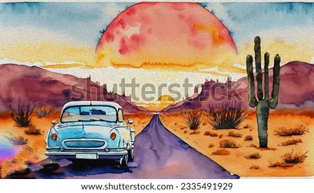 Watercolor Illustration, Beautiful road landscape with retro car, smoking driver woman among the Arizona desert with sunset.