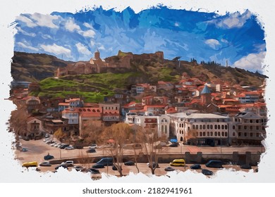 Watercolor Illustration Of A Beautiful View Of The Traditional European Urban Architecture In Tbilisi. Capital Of Georgia.