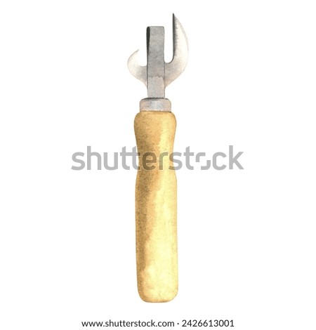 Watercolor illustration of a beer opener, canned food with a wooden handle. Handmade, isolated on white background
